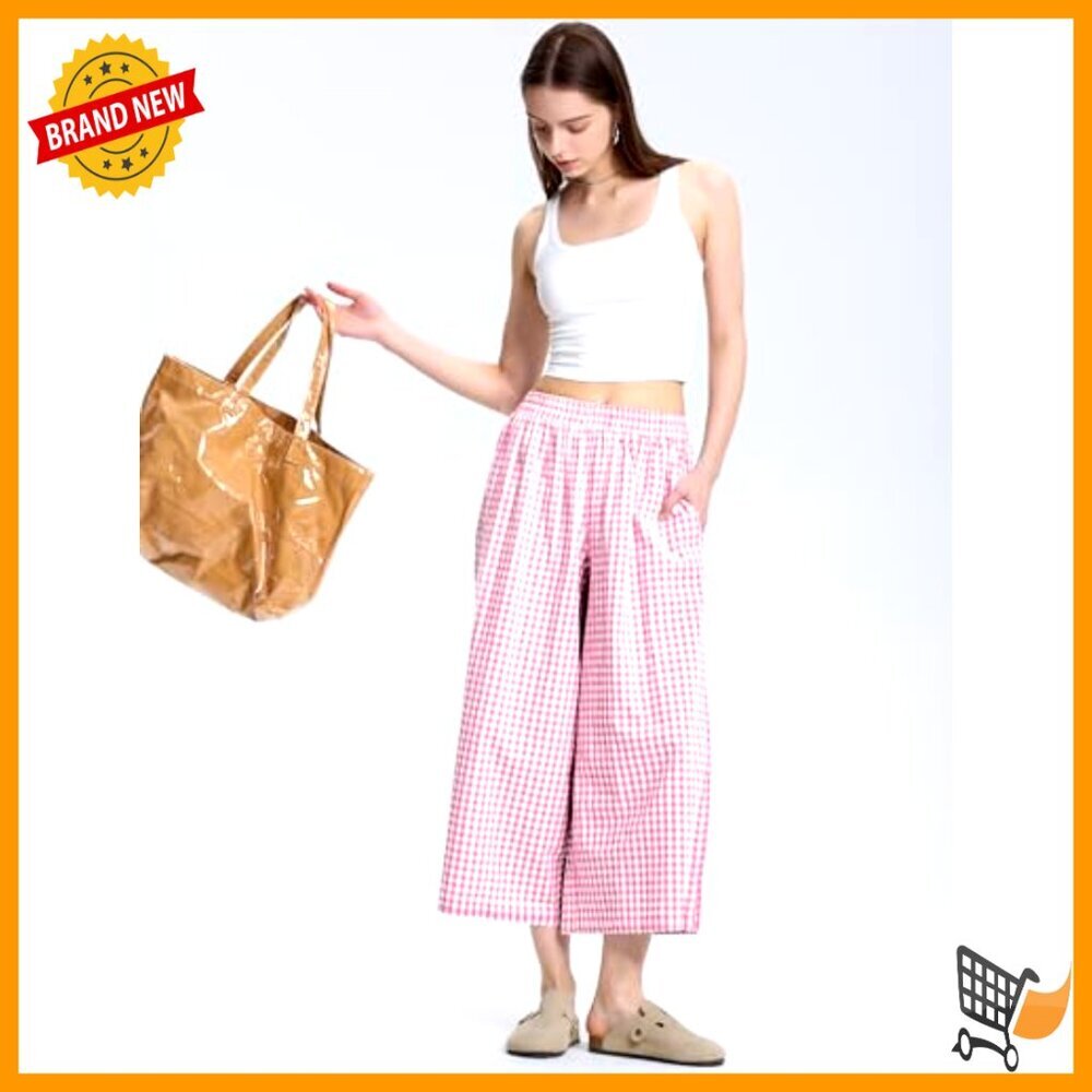 Wide Leg Capri Pants Cotton Gingham Plaid Culottes Elastic Waist Palazzo - Picture 5 of 7